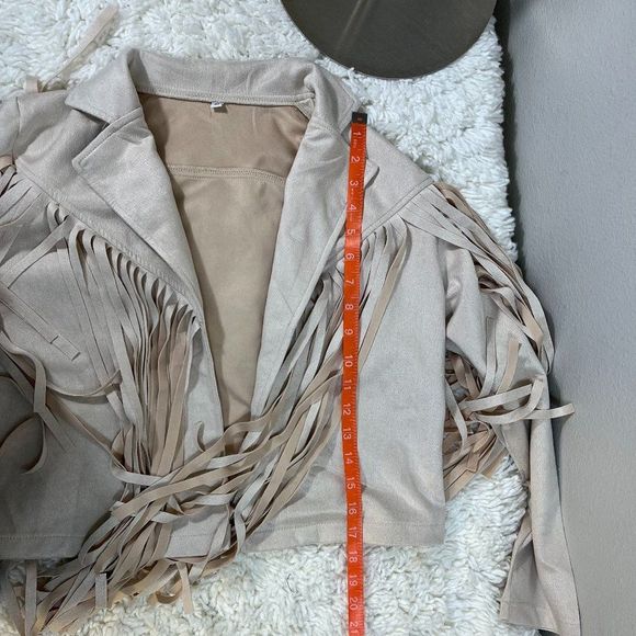 Western Tassel Notch Lapel Collar Long Sleeve Open Front Jacket Cream Size M - Picture 5 of 7